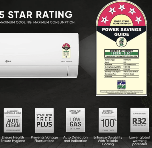 LG 1.5 Ton 5 Star AI DUAL Inverter Split AC (Copper, Super Convertible 6-in-1 Cooling, HD Filter with Anti-Virus Protection, 2023 Model, RS-Q19YNZE, White) - Image 2